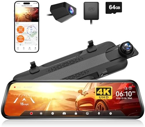 WOLFBOX G930 10'' Rückspiegel Kamera mit 5.8GHz WiFi, Inklusive 64GB Karte | 4K Dash Cam Vorne und Hinten mit WDR, Touchscreen Rückspiegel Rückfahrkamera, Parking Monitor, Reverse