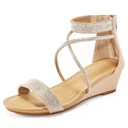 HARENCE Wedge Sandals for Women Dressy: Comfortble Ankle Strap Zipper Low Heels Shoes Fashion Sparkly Summer Sandals