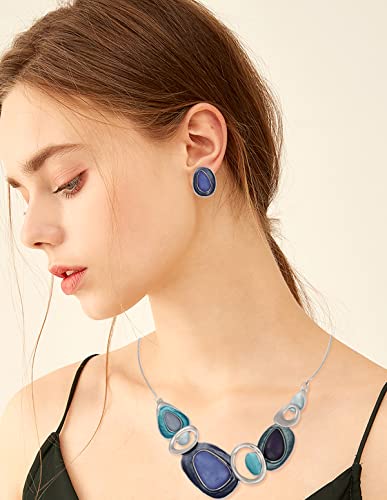 Blue Statement Necklace Earrings Set - Vintage Chunky Jewelry Set For Women Girls Elegant Wedding Bridal Aesthetic Resin Geometric Bib Choker Collar Necklace Fashion Costume Jewelry Party Prom #TOP1