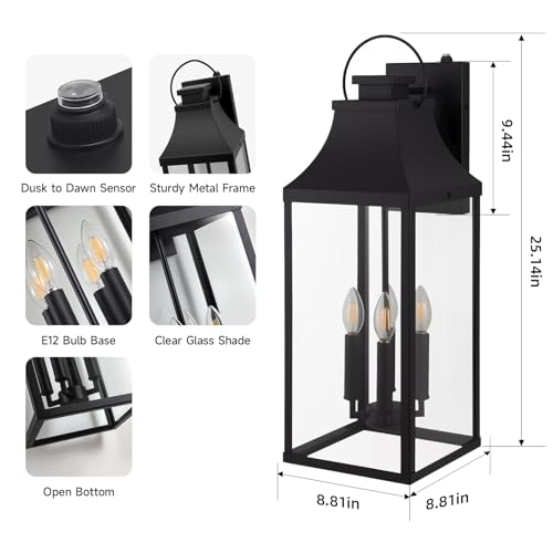 Image of 25'' Dusk Dawn Outdoor Wall Light, Large Black Exterior Porch Light Fixture | Auto On-Off, 4-E12 Base, Modern Exterior Sconce Wall Lighting Waterproof, Sensor Outside Lights for House Garage Door, 1 Pack