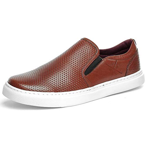 Sapatenis Iate Slip On Masculino Couro Furadinho Cor:Bege;Tamanho:37