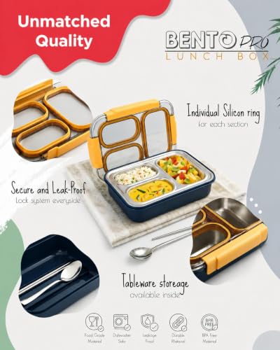 Image of Sanghariyat Bento Pro Lunch Box 710ml, 3 Compartment Stainless Steel Lunch Box with 100% Leak-Proof Silicone Seal, BPA-Free Food-Grade Lunch Container with Spoon & Pair of Chopsticks School Kids Blue