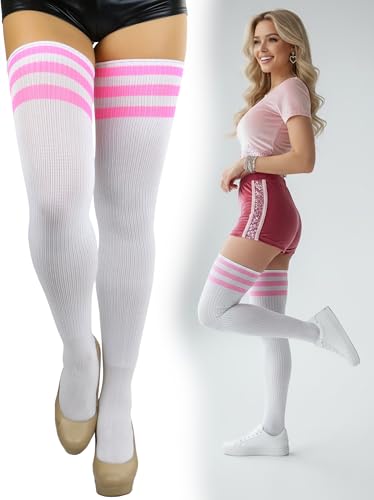 Image of ToBeInStyle Women's Heavyweight Knit Thigh High Long Socks w /Contrast 3 Stripe Top Band