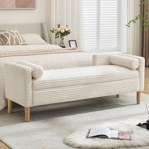 NIOIIKIT 65 Large Storage Ottoman Bench with 2 Pillows Corduroy Upholstered Entryway Bench with Wood Leg End of Bed Bench with Straight Armrest Window Bench for Bedroom Entryway (White)