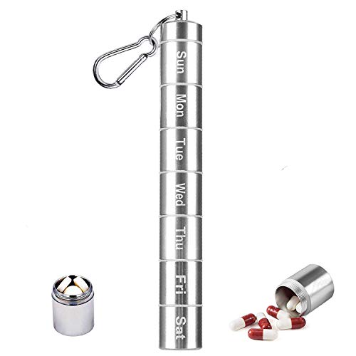 Weekly Pill Box, 7 Day Pill Case, Floor88 7 Compartments Aluminum Alloy Portable Pill Holder Waterproof Medicine Organizer Mini Metal Pill Container with Keychain & Carabiner for Travel Camping (#C)