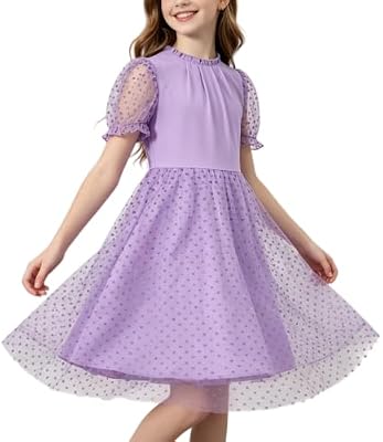 Rolanko Girls Contrast Mesh Dress Short Puff Sleeve Dress, Purple, 9-10Y