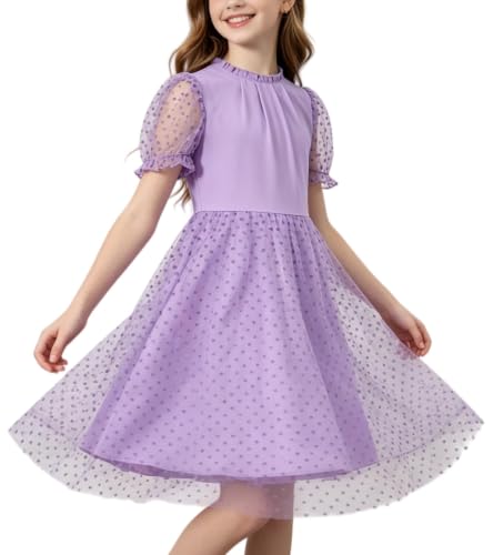 Rolanko Girls Contrast Mesh Dress Short Puff Sleeve Dress, Purple, 9-10Y