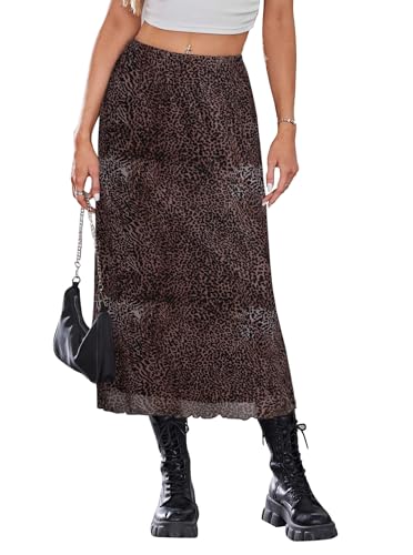 SOFIA'S CHOICE Women's High Waist Leopard Print Midi Skirts A