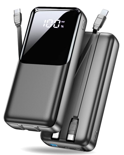 Power Bank 40000mAh 22,5W Powerbank PD USB-C Schnellladefunktion, Tragbares Ladegerät mit 3 Anschlüssen & 2 integrierten Kabeln, Externer Akku kompatibel mit iPhone 17 16 15 14 13, Android und mehr