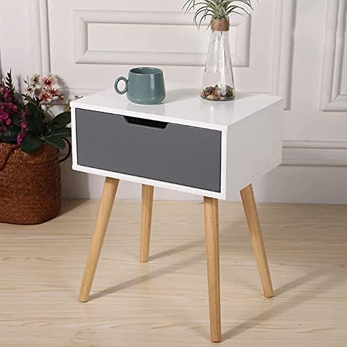 Image of Storage Nightstand Mid-Century Modern Bedside Table with Solid Wood Legs Minimalist and Practical End Side Table- 1 Drawer -Grey White