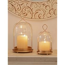 NUPTIO Glass Lanterns Decorative Outdoor Gold Hurricane Candle Holders for Pillar Candles - Set of 2 Hanging Lantern for Home Thanksgiving Christmas Party Centerpiece