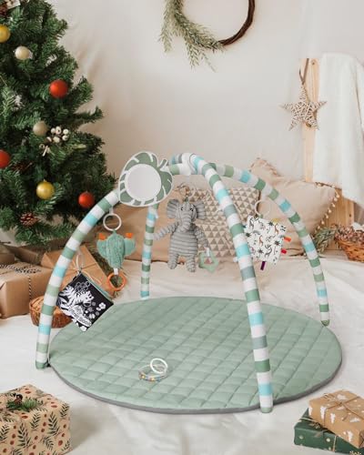Blissful Diary Spielbogen Baby, Spieldecke Baby Gym Activity Decke mit 6 Abnehmbare Spielzeuge, krabbeldecke Einfach zu Installieren und zu Reinigen, Unverzichtbare Babygeschenke, Salbeigrün