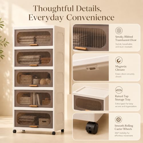 Image of KRISHYAM 5-Layer Plastic Storage Cabinet with Lift-Up Doors & Wheels, Smoky Translucent Multipurpose Clothes Organizer for Bedroom, Kids Room & Home, 123 x 50 x 26 cm