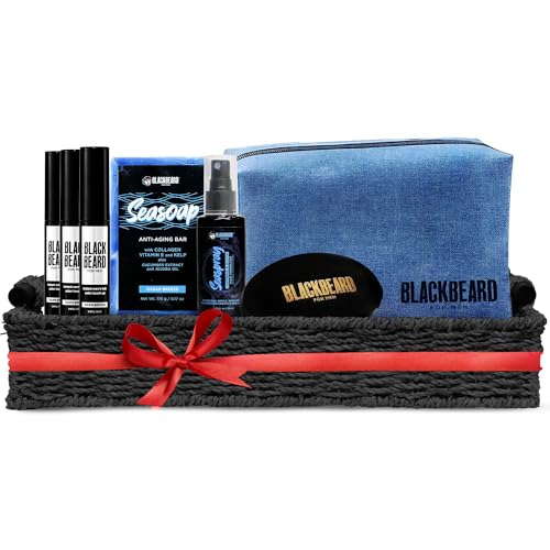 Blackbeard for Men - THE WHOLE ENCHILADA, 3 Blackbeard for Men Beard Color Dark Brown, 1 Seaspray, 1 Seasoap Anti-Aging Bar Soap, 1 Beard Brush w/Vegan Bristles, 1 Mens Shaving Kit Bag