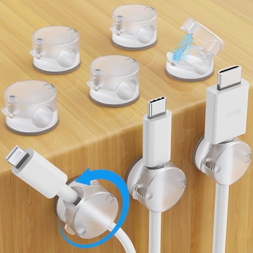 AGPTEK 8 Pièces Clips Câble, Organisateur Câble Magnetique, Clips Rangement de Câble avec Auto-adhésifs Réglables et Rotatifs à 360°, pour HDMI, Téléphone, USB, Maison et Bureau, Transparents