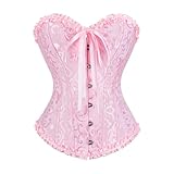 frawirshau Women's Lace Up Boned Overbust Corset Bustier Bodyshaper Top Pink XL