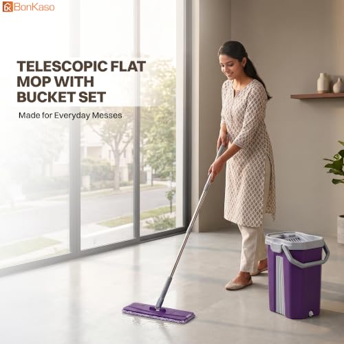 Image of BonKaso Telescopic Flat Mop & Bucket Set with Hands-Free Squeeze System, Microfiber Floor Cleaning Mop for Wet & Dry Cleaning | Includes 2 Reusable Pads for Home, Kitchen, Bathroom & Office | Purple