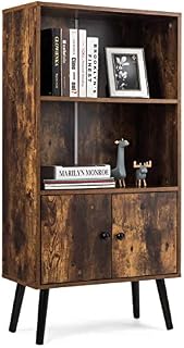 COSTWAY Industrial Bookcase, Wooden Storage Bookshelf with 2-Tier Shelves and Doors, Freestanding Retro Storage Cabinet Display Cupboard Organiser Unit for Living Room Bedroom Office