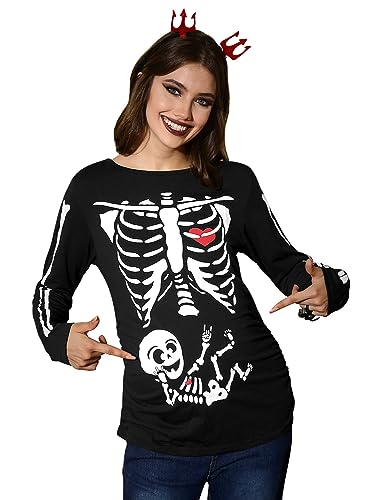 For G and PL Disfraz de Halloween para mujer, cuello redondo, manga larga, para embarazo, esqueleto, calabaza, camiseta de maternidad, tallas S-XXL, Skeleton Baby, M