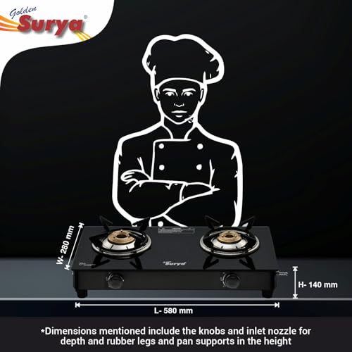 Image of Golden Surya 2 Burner Toughened Glass Gas Stove | Manual Ignition | ISI Certified | LPG Compatible | 18 Months Warranty