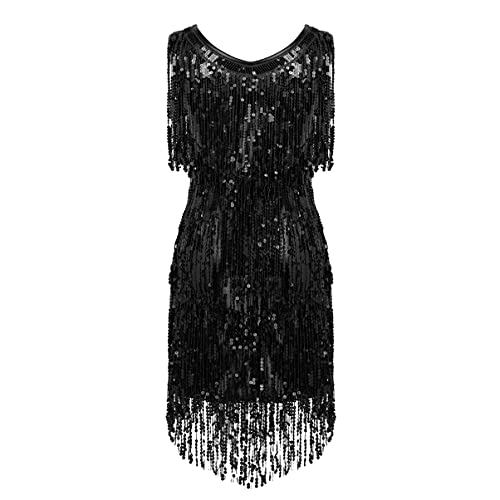 YOOJIA Vestido de Baile de Salón para Mujer Chica Vestido con Flecos Lentejuelas Traje Baile Latino Danza Salsa Actuación Negro B L Cover