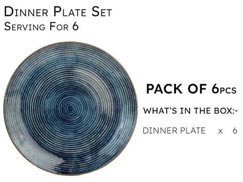 Image of Handcrafted Reactive Glaze Ceramic Dinner Plates, 6 Pieces Serving for 6, Microwave and Dishwasher Safe, Bone-ash Free, Full Plate Set Crockery for Dining and Gifting, Reactive Blue