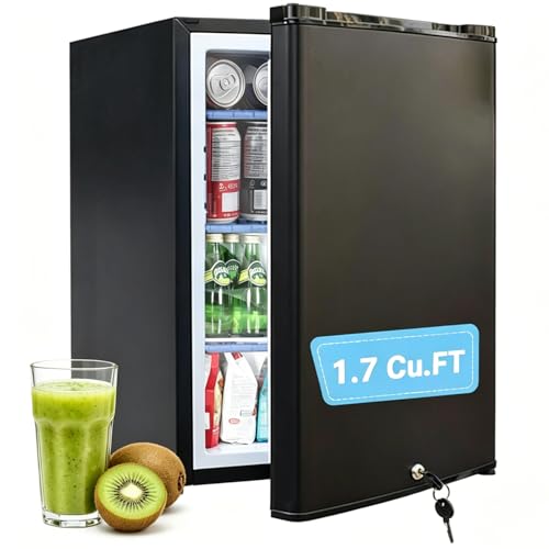 Image of Smad Locking Mini Fridge, No Noise 110V/12V Compact Refrigerator 2 Ways RV Truck Caravan Beverage Car Mini Fridge with Lock, Reversible Door, 1.7 Cu.Ft, Black