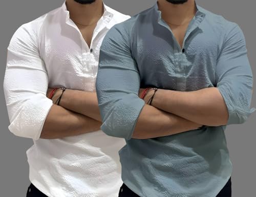 Image of MiraMichi Men's Cotton Blend Kurta | Kurta for Men Stylish Casual Short Kurta | Half Kurta Shirt Daily Use for Summer Season | Mandarin Collar Cotton Kurta's for Man Comfort