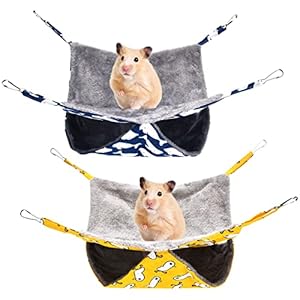 olyee 2 Pack Rat Cage Hammocks, Pet Ferret Double-Layer Hanging Bed for Small Animals Guinea Pig Cage Accessories Bedding, Warm Hammock for Parrot Squirrel Hamster Rat Playing Sleeping(Blue+Yellow)
