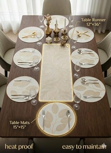 Image of Dining Table Mat and Runner Set for Home Kitchen Reusable Placemat Combo Set for Everyday Dining Use and Table Setup (Petals Circular mat + Modern ractantgle Runner, Pack of 7 (6+1))