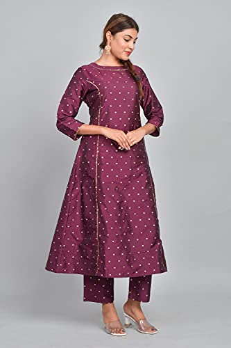 Image of Riara Art Silk Women Long Anarkali Kurti with Pant Polka Dot A-line Ladies Ethnic Wear Dress
