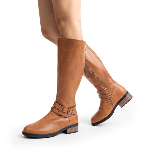 DREAM PAIRS Women's Knee High Boots, Buckle Riding Boots,Size 7,Camel,UNCLE