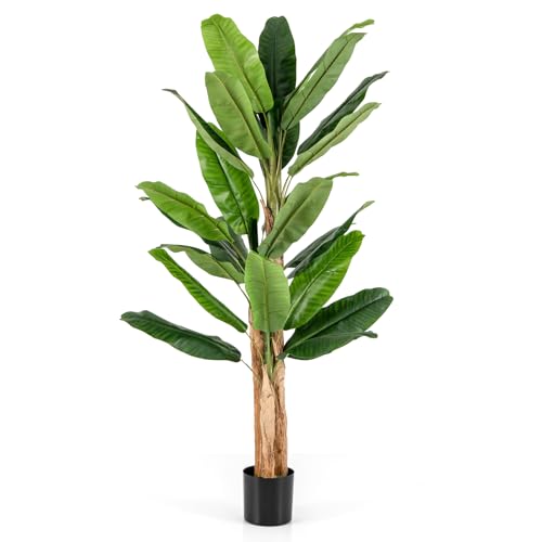COSTWAY Albero di Banana Artificiale Alto 165/195 cm, Albero di Banana Finto con 10/27 Grandi Foglie, Steli Doppi/Triplici e Corteccia Naturale, Pianta in Vaso da Interno (195 cm)