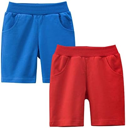 Azalquat Baby Boys Summer Knit Shorts with Pocket, 2 Pack Toddler Pull-On Soft Active Shorts (Red & Blue, 5T)