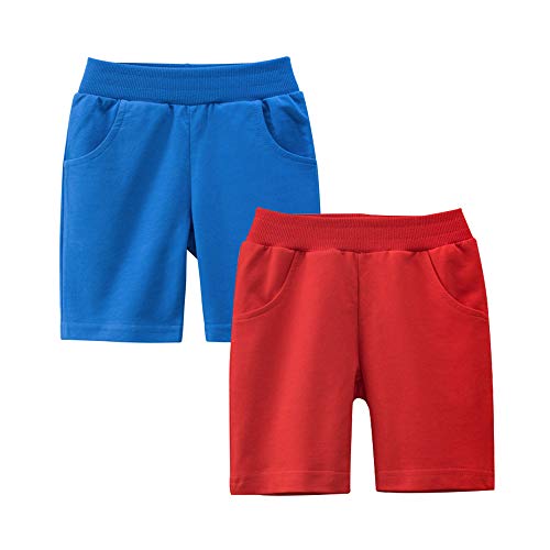 Azalquat Baby Boys Summer Knit Shorts With Pocket, 2 Pack Toddler Pull-On Soft Active Shorts (Red & Blue, 5T) #TOP5