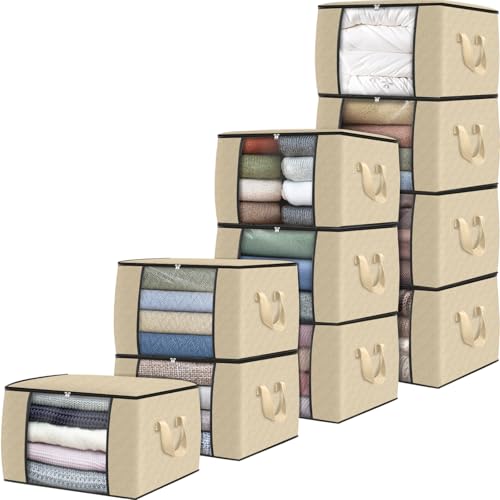 Image of Fab totes 10 Pack Clothes Storage, Foldable Thick Fabric Blanket Storage Bags, Containers for Organizing Bedroom, Closet, Clothing, Comforter, Organization with Handle,Beige