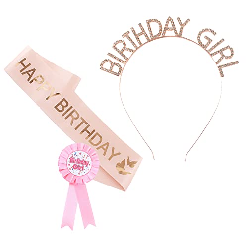 Lot de 3 décorations de fête d'anniversaire pour filles, ceinture d'épaule rose joyeux anniversaire, diadème et badges d'anniversaire pour filles, cadeaux de fête, accessoires d'anniversaire Cover