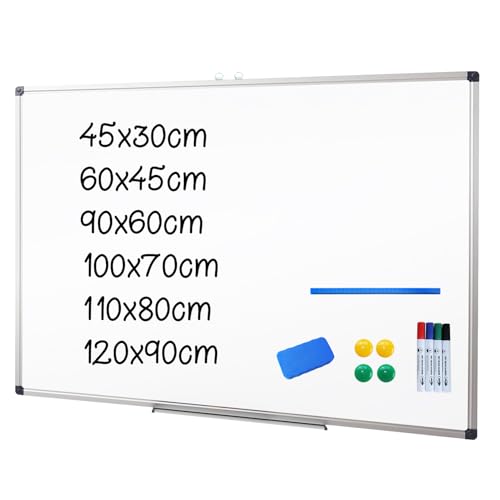 XIWODE Magnetisch droog wisbord, wandmontage whiteboard, 120 x 90 cm, lichtgewicht wit bord, wisbord zilver aluminium ingelijst met gelakt stalen oppervlak