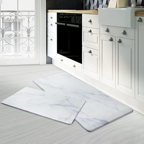 Kitchen Rug Anti Fatigue Mats for Kitchen Flooring, TEMASH Kitchen Rugs and Mats Non Skid, 2 Items Set Kitchen Flooring Mats Cushioned, Consolation Standing Mat for Residence, Kitchen, Workplace, Sink (White Marble)