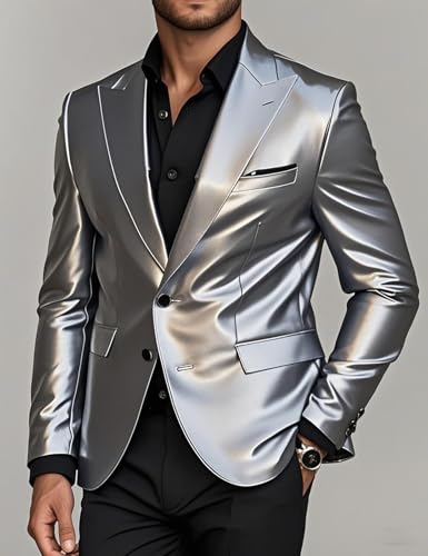 Men's Silver Leather Blazer,Single-Breasted,2 Buttons,Sharp Tailored Fit,Modern Lapel,Formal,Stylish3