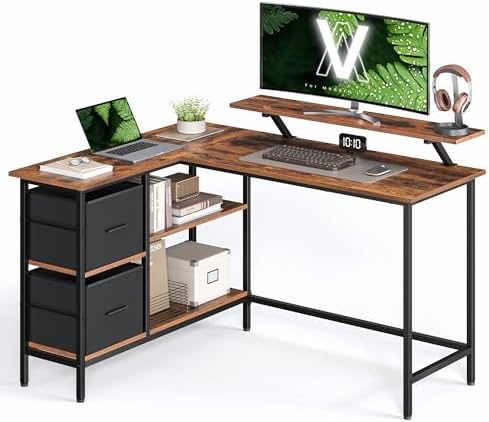 VASAGLE Biurko w kształcie litery L, 2 pojemne szuflady, 135 x 105 c...