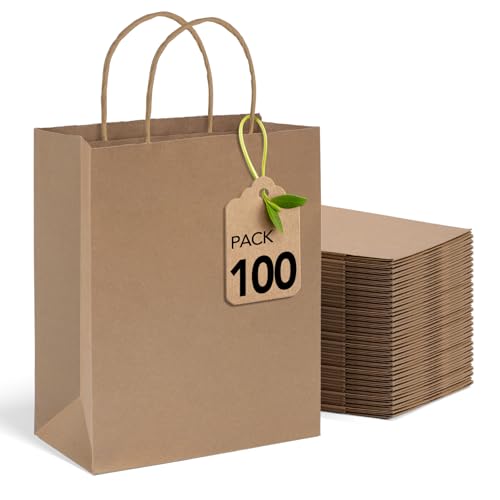 MESHA Brown Kraft Paper Bags 10x5x13 Inch 100Pcs Large Gift Bags with Handles Bulk Reusable Shopping Bag for Business Merchandise Retail Birthday Kids Party Favors
