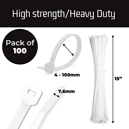 15 Inch White Zip Cable Ties (100 Pack), 120Lbs Tensile Strength - Heavy Duty, Self-Locking Premium Nylon Cable Wire Ties For Indoor And Outdoor By Bolt Dropper (White) #TOP2