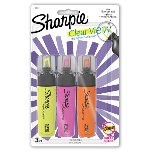 Sharpie 1912767 Clear View Chisel Tip Highlighters, Assorted Highlighter, 3-Carded, Yellow, Pink and Orange(1912937)