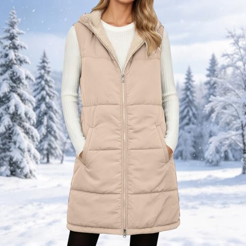 Reversible Long Puffer Fleece Vest for Women Teddy Sherpa Hoodie Khkai | Long Puffer Vests Thermal Clothes 2026 Fall Winter Zip Up Trendy Sherpa Fleeve Vest for Women - image 3