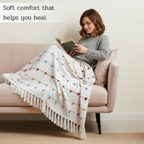 Image of SAJAVAT HOME Hand Knitted Cotton Sofa Throw Blanket for Sofa, Bed, Couch & Chair | Soft All-Season Throw | 80 x 52 Inches (204 x 132 cm) | Beige Multi with Tassels