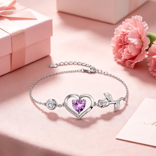 Image of 1CT Rose Heart Bracelet Moissanite Lab-Grown Sapphire Ruby Emerald&More 18K White Rose Gold Plated Anniversary Birthday Gift for Wife Girlfriend Mom Daughter Mothers Day Gift for Mom