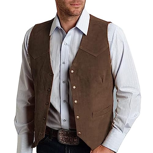 Mens Retro 5 Button Suede Suit Vest V Neck Leather Casual Waistcoat for Prom Banquet for Father Husband Gift Regular Fit