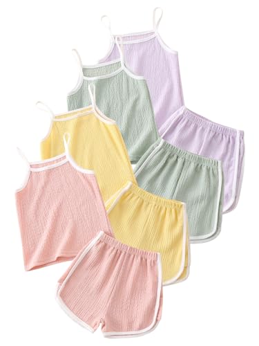 Fdqin Girls 8 Piece Summer Outfits Cami Tank Top Casual Shorts Lightweight Dolphin Shorts Clothing Puple/Pink/Green/Yellow 8 Years