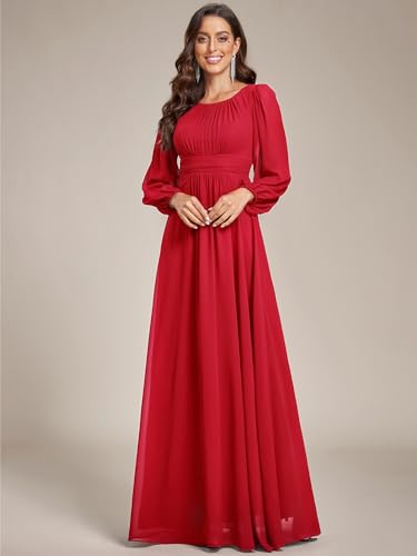 Image of Ever-Pretty Women's Crewneck Long Lantern Sleeves Floor Length A-Line Pleated Chiffon Formal Dress 0106B